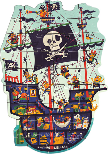 The Pirate Ship Giant Floor Puzzle by DJECO displays a vibrant, colorful illustration of a pirate ship, complete with playful pirates, treasure, and whimsical details. The jigsaw puzzle features intricately shaped pieces that form a fun depiction of life at sea, ideal for engaging young minds.