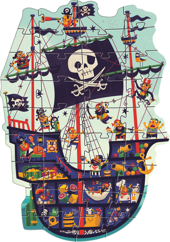 The Pirate Ship Giant Floor Puzzle by DJECO displays a vibrant, colorful illustration of a pirate ship, complete with playful pirates, treasure, and whimsical details. The jigsaw puzzle features intricately shaped pieces that form a fun depiction of life at sea, ideal for engaging young minds.