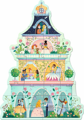 The Princess Tower Giant Floor jigsaw puzzle featuring a beautifully illustrated multi-level tower filled with princesses and charming scenes, surrounded by vibrant flowers and greenery. The puzzle showcases various characters interacting in different rooms, adding to the enchanting fairy tale theme.