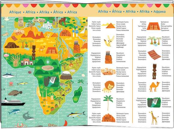 Observation Puzzle: Around the World features a colorful jigsaw puzzle illustrating various iconic landmarks, wildlife, and cultures from Africa. This educational puzzle encourages exploration and learning about the continent through vibrant illustrations and details.