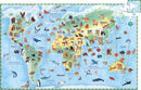 DJECO's Observation: World's Animals jigsaw puzzle, featuring a colorful illustrated world map populated with various animals from different regions, including dolphins, elephants, and penguins, providing an educational and engaging experience for children.