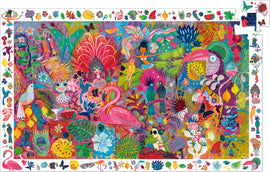 A vibrant jigsaw puzzle titled 'Rio Carnaval Observation' by DJECO featuring colorful characters, tropical flora, and fauna including flamingos, exotic birds, and decorated dancers amidst a lively carnival scene. The intricate design showcases a wide array of bright colors and playful details, making it visually stunning and engaging for puzzlers of all ages.