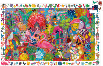 A vibrant jigsaw puzzle titled 'Rio Carnaval Observation' by DJECO featuring colorful characters, tropical flora, and fauna including flamingos, exotic birds, and decorated dancers amidst a lively carnival scene. The intricate design showcases a wide array of bright colors and playful details, making it visually stunning and engaging for puzzlers of all ages.