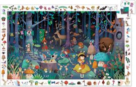 A vibrant jigsaw puzzle titled 'Observation: Enchanted Forest' by DJECO, showcasing a whimsical forest scene. It features colorful trees, charming woodland creatures, fairy-like figures, and playful children amidst various plants and mushrooms. Delightful elements like a deer, fox, and magical fairies contribute to the enchanting atmosphere, inviting the viewer to immerse in a lush, storytelling environment.