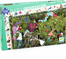 Observation: Garden Play Time jigsaw puzzle by DJECO featuring a vibrant scene of children playing in a colorful garden with butterflies, birds, and flowers. The puzzle includes 100 pieces and comes with a poster.