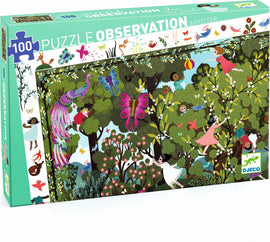 Observation: Garden Play Time jigsaw puzzle by DJECO featuring a vibrant scene of children playing in a colorful garden with butterflies, birds, and flowers. The puzzle includes 100 pieces and comes with a poster.