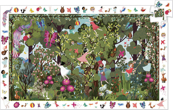 A colorful jigsaw puzzle titled 'Observation: Garden Play Time' featuring children playing in a vibrant garden filled with flowers, trees, and various animals. The puzzle showcases a whimsical scene with butterflies, birds, and whimsical characters enjoying nature. Ideal for fostering creativity and imagination in children.
