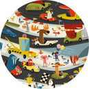A colorful jigsaw puzzle featuring a lively automobile rally scene filled with cartoon animals driving various vehicles. There are cars racing along a winding track, with a moose, a monkey, and a dog among the participating characters. The scene is animated and playful, showcasing a vibrant and festive atmosphere with flags, balloons, and cheering spectators.
