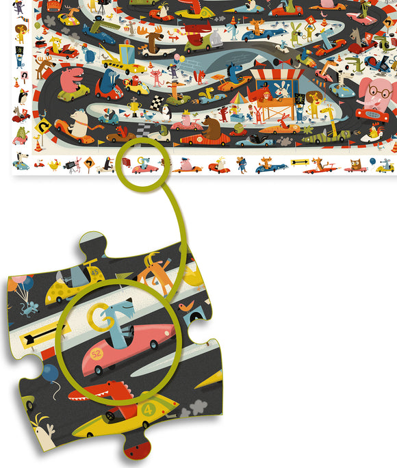 A colorful jigsaw puzzle featuring a whimsical automobile rally scene, showcasing various animals driving cars along a winding track. The puzzle piece displayed highlights vibrant illustrations of a red car with a playful character behind the wheel. This engaging puzzle invites creativity and fun for children and families.