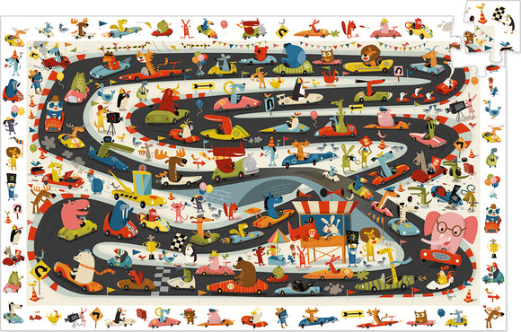 A colorful jigsaw puzzle featuring a lively automobile rally scene populated by various cartoon animals driving different cars on a winding racetrack. The vibrant illustration includes details like balloons, traffic cones, and cheering spectators, making it engaging for both children and adults.