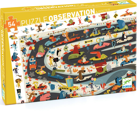 Observation: Automobile Rally jigsaw puzzle by DJECO featuring a colorful, illustrated racetrack scene filled with playful characters, various cars, and lively activities, designed for children. Includes 54 pieces and a poster.