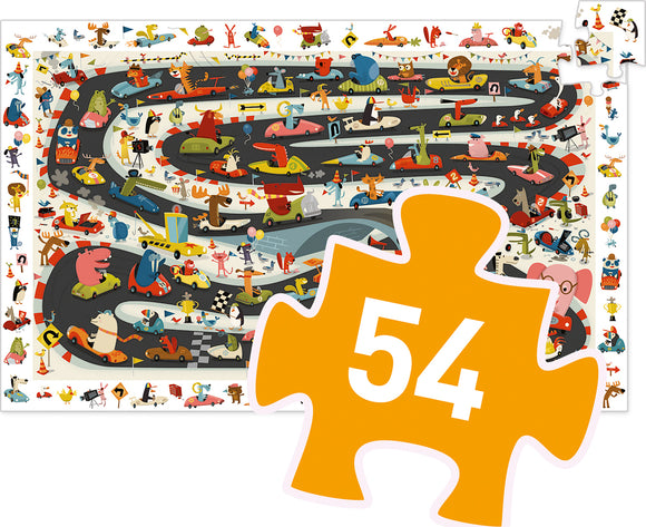 A colorful jigsaw puzzle titled 'Observation: Automobile Rally' by DJECO. It features a whimsical scene of a car rally on a winding racetrack with various cartoon animals driving quirky vehicles. The image showcases vibrant colors and numerous playful details, perfect for children, encouraging creativity and problem-solving skills. The puzzle consists of 54 pieces, providing an engaging challenge for young puzzlers.