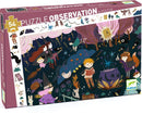The 'Observation Sorcerer's Apprentice' jigsaw puzzle by DJECO features a whimsical illustration filled with magical elements. It includes children, animals, and witches engaged in playful activities, surrounded by a dark forest backdrop. The puzzle comes with 54 pieces and a poster, making it great for both fun and educational development.