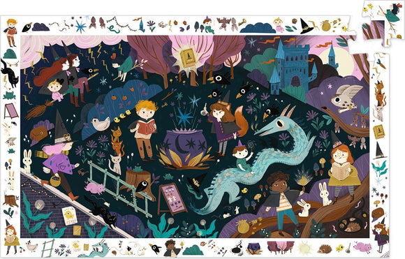 A colorful jigsaw puzzle featuring a whimsical scene with children in wizard costumes, magical creatures, and an enchanted forest. Characters are shown engaging with various magical elements like a pot, books, and a friendly dragon amidst vibrant flora and fauna. The border displays small puzzle piece illustrations that add to the magical theme.