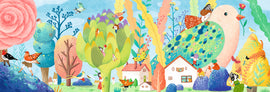 A vibrant and whimsical jigsaw puzzle featuring an imaginative landscape populated with colorful trees, birds, and playful characters. The scene includes oversized floral elements and a large, stylized bird, creating a joyful and enchanting atmosphere. Perfect for engaging minds and sparking creativity.