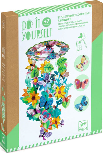 A colorful DIY kit for creating a springtime decorative mobile, featuring various vibrant flowers, butterflies, and leaves. The kit includes pieces for painting and assembling a cheerful hanging decoration. Features a green-themed box design with illustrations and instructions.