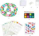 A DIY craft kit featuring a decorative mobile shaped like a peace symbol, adorned with colorful flowers and butterflies. The kit includes watercolor paints, a brush, and patterned sheets for enhancing creative projects.