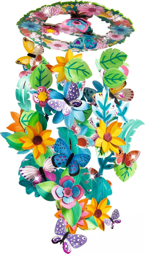 The Springtime Decorative Mobile by DJECO features a vibrant display of intricately designed butterflies, flowers, and leaves hanging from a circular base. The mobile showcases a variety of colors including bright yellows, blues, and greens, creating a joyful and whimsical atmosphere perfect for spring-themed decor.