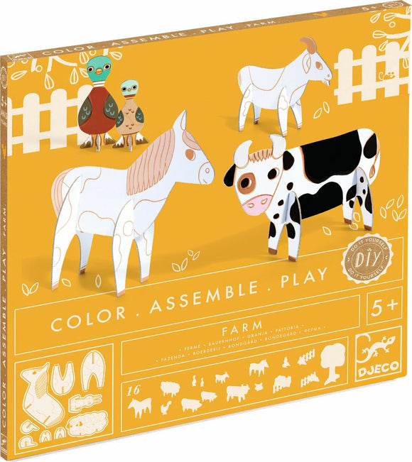 DJECO's Farm Color. Assemble. Play DIY kit featuring colorful cardboard farm animals like a horse, cow, and goat, inviting children to color and assemble their own barnyard scene. The bright yellow packaging highlights the creative and playful nature of the product.