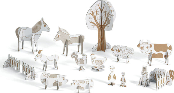 The DJECO Farm Color. Assemble. Play is a DIY kit featuring various farm animals and trees made from cardboard. Includes a horse, cow, sheep, goat, chicken, and decorative fences, encouraging creative play and assembly.
