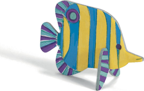 A colorful DIY kit featuring a sea life theme. The image showcases a charming fish model in bright yellow with blue stripes and purple accents, ready for assembly and creative playtime. This engaging craft project encourages imagination and fine motor skills in children.