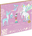 DJECO's Fairy World Color. Assemble. Play. DIY kit featuring colorful characters and magical creatures, designed for creative play. Includes a fairy, unicorn, and deer, perfect for ages 5 and up.