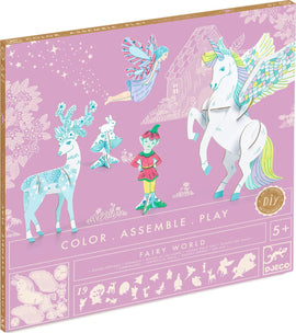 DJECO's Fairy World Color. Assemble. Play. DIY kit featuring colorful characters and magical creatures, designed for creative play. Includes a fairy, unicorn, and deer, perfect for ages 5 and up.