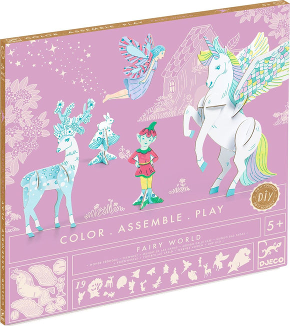 DJECO's Fairy World Color. Assemble. Play. DIY kit featuring colorful characters and magical creatures, designed for creative play. Includes a fairy, unicorn, and deer, perfect for ages 5 and up.