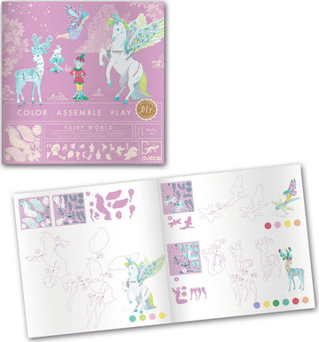 DJECO's Fairy World Color. Assemble. Play. DIY kit featuring beautifully illustrated characters and animals. Includes coloring templates and instructions, showcasing a whimsical unicorn, fairy, and deer, designed for creativity and fun.