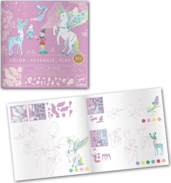 DJECO's Fairy World Color. Assemble. Play. DIY kit featuring beautifully illustrated characters and animals. Includes coloring templates and instructions, showcasing a whimsical unicorn, fairy, and deer, designed for creativity and fun.
