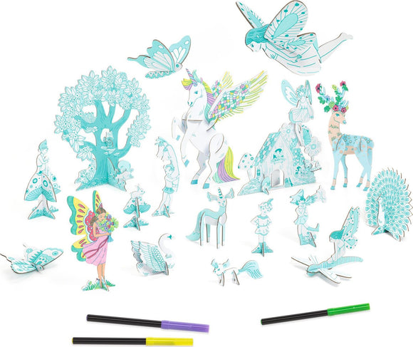 A colorful DIY kit titled 'Fairy World Color. Assemble. Play.' by DJECO, featuring fairy-tale characters and creatures like fairies, unicorns, and a deer. Includes markers for coloring and creative assembly.