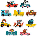 A colorful jigsaw puzzle featuring fun racing cars, each shaped like different animals. The puzzle includes vibrant designs such as an elephant in a blue car, a tiger in a striped car, and a monkey in a banana-shaped vehicle, among others. Ideal for kids, the puzzle promotes imaginative play and fine motor skills.