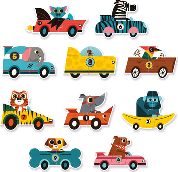 A colorful jigsaw puzzle featuring fun racing cars, each shaped like different animals. The puzzle includes vibrant designs such as an elephant in a blue car, a tiger in a striped car, and a monkey in a banana-shaped vehicle, among others. Ideal for kids, the puzzle promotes imaginative play and fine motor skills.