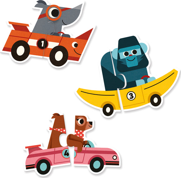 The Racing Cars Puzzle Duo features colorful jigsaw pieces depicting whimsical animal characters in vibrant race cars, including a dog in a red car, a monkey in a yellow boat, and two bears in a pink convertible. Perfect for young puzzle lovers to enjoy and develop their skills.