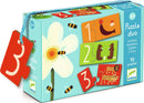 The DJECO Numbers Puzzle Duo showcases a vibrant jigsaw puzzle designed for children aged 3 and up. The packaging features colorful illustrations of numbers 1 to 3 alongside playful animal images, all set against a cheerful background with a flower and bees. The box indicates there are 10 unique puzzles included, perfect for educational play and number recognition.