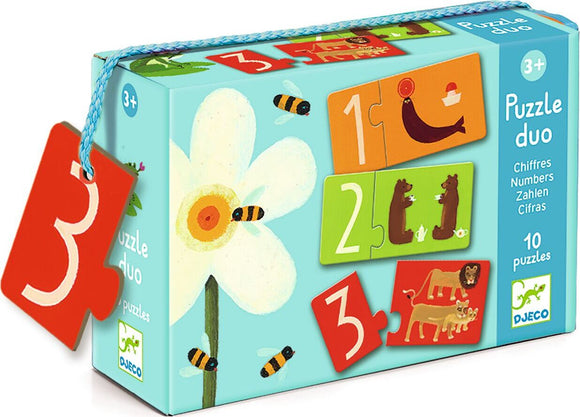 The DJECO Numbers Puzzle Duo showcases a vibrant jigsaw puzzle designed for children aged 3 and up. The packaging features colorful illustrations of numbers 1 to 3 alongside playful animal images, all set against a cheerful background with a flower and bees. The box indicates there are 10 unique puzzles included, perfect for educational play and number recognition.