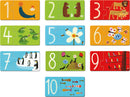 The Numbers Puzzle Duo by DJECO features a colorful jigsaw puzzle with ten pieces, each showcasing a unique number with playful illustrations. The images include animals and nature themes, such as seals, bears, frogs, bees, penguins, flowers, and birds, designed to engage young children and facilitate learning in a fun way.