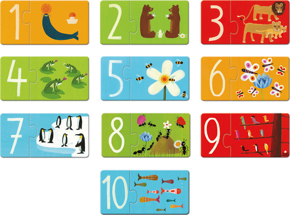 The Numbers Puzzle Duo by DJECO features a colorful jigsaw puzzle with ten pieces, each showcasing a unique number with playful illustrations. The images include animals and nature themes, such as seals, bears, frogs, bees, penguins, flowers, and birds, designed to engage young children and facilitate learning in a fun way.
