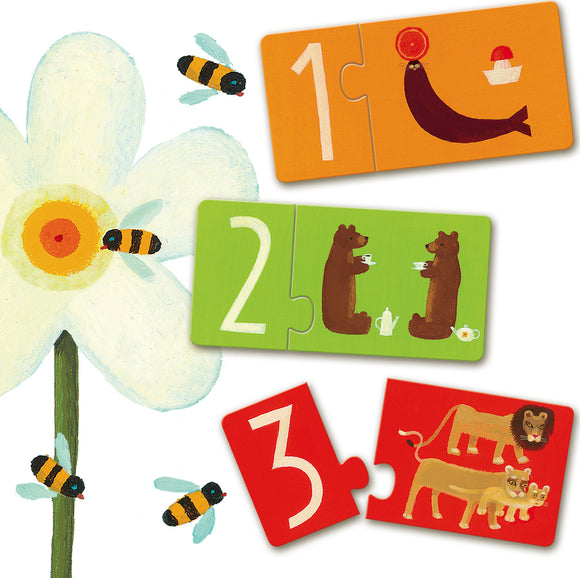 A colorful jigsaw puzzle titled 'Numbers Puzzle Duo' by DJECO, featuring vibrant images of animals and objects corresponding to the numbers one, two, and three. The pieces showcase a seal with a dish, two bears having tea, and a family of lions, all artistically rendered on bright backgrounds with hints of nature like flowers and bees.