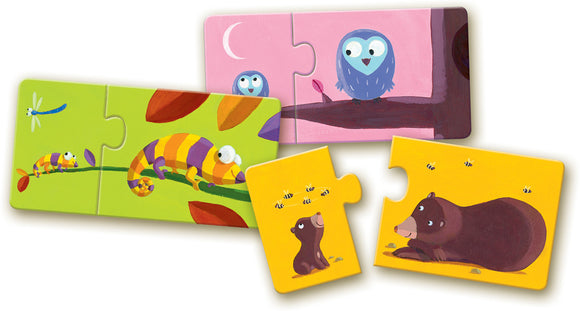 A vibrant jigsaw puzzle featuring adorable animal illustrations. The pieces include colorful chameleons on a branch, playful owls, and a cute bear, designed to engage young children in imaginative play and learning.