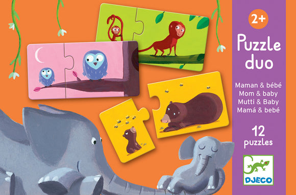 The DJECO Mom and Baby Puzzle Duo features 12 colorful jigsaw pieces illustrating adorable animal pairs such as owls, monkeys, and bears, designed for children aged 2 and up. Each puzzle piece showcases charming artwork and promotes fine motor skills and cognitive development in young children.