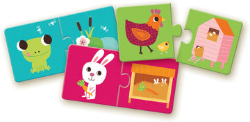 Colorful jigsaw puzzle pieces featuring a frog, a rabbit holding a carrot, a chicken, and a pink chicken coop. Each piece showcases vibrant illustrations with playful animal characters, perfect for young children.
