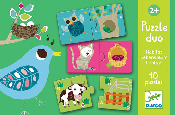 The Habitat Puzzle Duo by DJECO features colorful jigsaw puzzle pieces including a cheerful blue bird, a playful cat, a green cow, and a basket. Designed for children ages 2 and up, this engaging set contains 10 puzzle pairs that help improve cognitive skills and hand-eye coordination. The bright, appealing illustrations enhance visual learning.