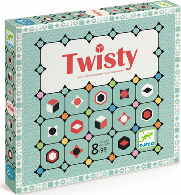 Twisty game by Djeco features vibrant, geometric shapes on the box cover. The design showcases a playful, colorful layout, appealing to ages 8 and up. Perfect for family or group play, encouraging strategic thinking and fun.
