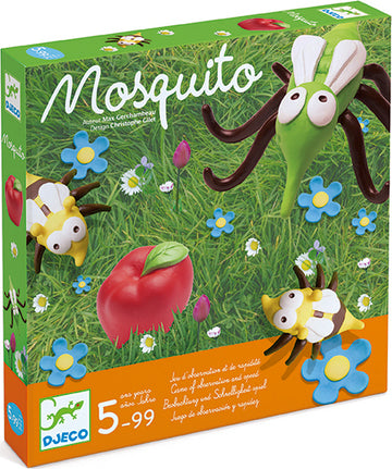Mosquito Family Game by DJECO, featuring colorful insect characters and a playful design. The box displays a bright green grassy background with vibrant flowers and fruits, ideal for children aged 5 and up. A fun and engaging game that encourages teamwork and strategic thinking.