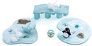A colorful game set called Little Cooperation by DJECO, featuring adorable animal figures like a polar bear, penguin, and seals on ice-themed play pieces, including a cube die with illustrations. Perfect for young children to encourage cooperative play.