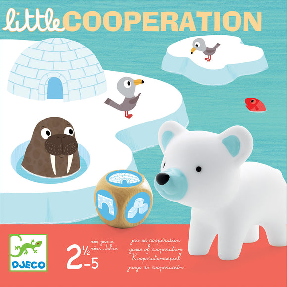 Little Cooperation by DJECO is a cooperative game for children aged 2½ to 5 years. The vibrant packaging features a friendly polar bear, walrus, and colorful birds among icy landscapes, promoting teamwork and social skills.
