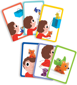 DJECO's Little Action Little Game features colorful cards displaying a child engaging in various playful activities with vibrant animal figures. The illustrations depict a fun and imaginative gameplay experience, ideal for enhancing cognitive skills in young children.