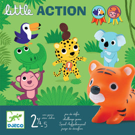 Little Action Little Game by DJECO features colorful animal characters including a toucan, crocodile, monkey, leopard, koala, and an orange tiger figure designed for young children aged 2.5 to 5. The background is filled with green foliage.