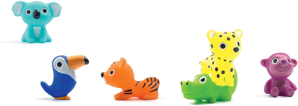 Colorful animal figurines including a blue koala, a blue and orange toucan, an orange tiger, a green crocodile, a yellow leopard, and a purple bear. These playful toys are perfect for imaginative games and early childhood development.